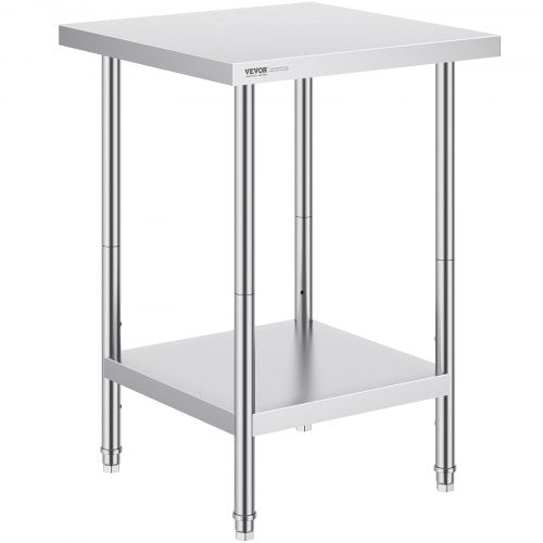 A 24x24x34 inch stainless steel prep table with adjustable height and shelves.