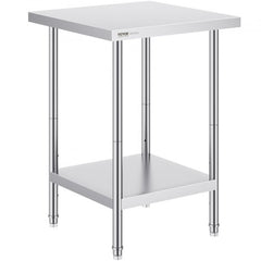 A 24x24x34 inch stainless steel prep table with adjustable height and shelves.