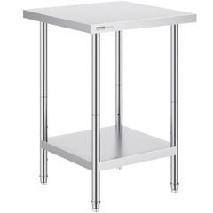 A 24x24x34-inch stainless steel prep table with adjustable height and shelves.