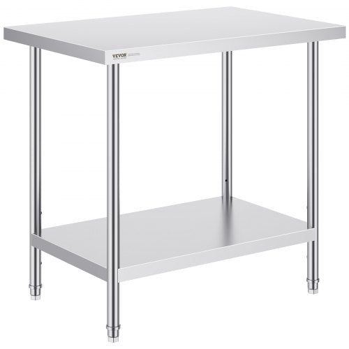 Stainless steel prep table with three adjustable shelves and a sturdy 24x36-inch frame.