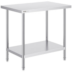Stainless steel prep table with three adjustable shelves and a sturdy 24x36-inch frame.