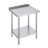Stainless steel commercial food prep work table with adjustable shelves and high rear backsplash.