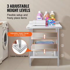 Stainless steel commercial food prep table with adjustable shelves and high rear backsplash.