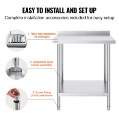 Stainless steel commercial food prep table with adjustable shelves and high rear backsplash.