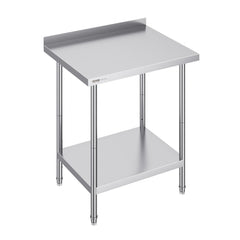 Stainless steel commercial food prep table with adjustable shelves and high rear backsplash.