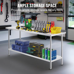 A stainless steel commercial work table with an undershelf holds various tools and supplies in a garage.