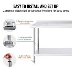 Diagram showing easy installation of adjustable stainless steel work table with table top, corner assembly, and base frame steps.