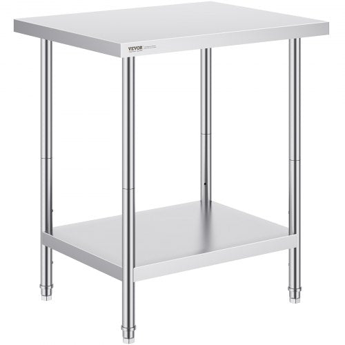 Stainless steel prep table measuring 24x30 inches with three adjustable shelves.