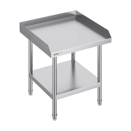 Stainless steel work table measuring 24x24 inches with adjustable shelves and backsplash.