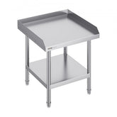 Stainless steel work table measuring 24x24 inches with adjustable shelves and backsplash.