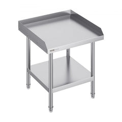 Stainless steel work table measuring 24x24 inches with adjustable shelves and backsplash.
