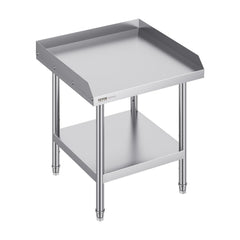 Stainless steel work table measuring 24x24 inches with adjustable shelves and backsplash.