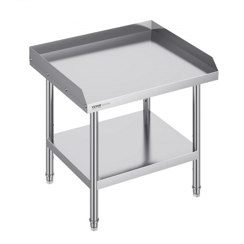 Stainless steel commercial prep table with a backsplash and adjustable shelves for organization.