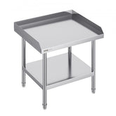 Stainless steel commercial prep table with a backsplash and adjustable shelves for organization.