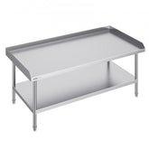 Stainless steel work table, 30x60x26 inches, with backsplash and undershelf.