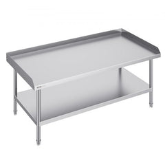 Stainless steel work table, 30x60x26 inches, with backsplash and undershelf.