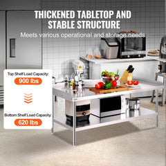 Stainless steel work table 30x60x26 inches with backsplash and undershelf in a kitchen setting.
