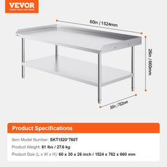 Stainless steel work table 30x60x26 inches with backsplash and undershelf.