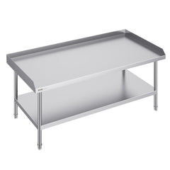 Stainless steel work table 30x60 inches with 2-inch backsplash and lower storage shelf