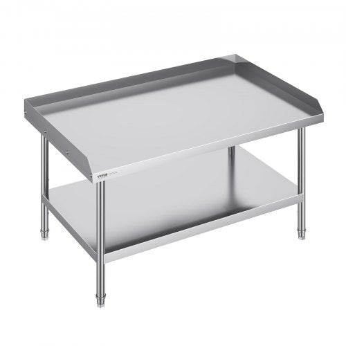 Stainless steel commercial prep table with backsplash and adjustable shelves for organization.