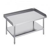 Stainless steel commercial prep table with backsplash and adjustable shelves for organization.