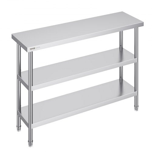 Stainless steel prep work table with adjustable undershelves and a spacious 48-inch top.