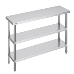 Stainless steel prep work table with adjustable undershelves and a spacious 48-inch top.