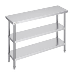 Stainless steel prep table with adjustable shelves and spacious work surface for kitchen tasks.
