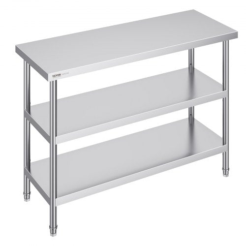Stainless steel prep work table with adjustable undershelves and a stable frame for kitchen use.