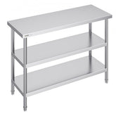 Stainless steel prep work table with adjustable undershelves and a stable frame for kitchen use.