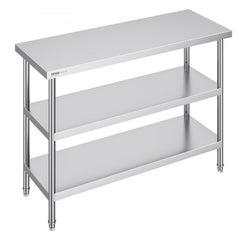 Stainless steel prep work table with adjustable undershelves and a stable frame for kitchen use.