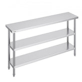 Stainless steel food prep table, 14x60x34 inches, with adjustable undershelves.