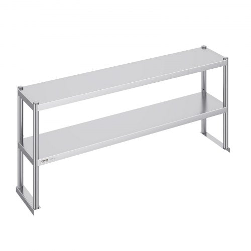 A 12x60 inch stainless steel double-tier adjustable overshelf with two shelves on a metal frame.
