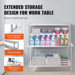Stainless steel double-tier adjustable overshelf, 12x60 inches, with shelves for kitchen storage.
