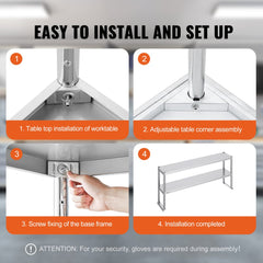 Infographic showing easy installation steps for a stainless steel double-tier adjustable overshelf.