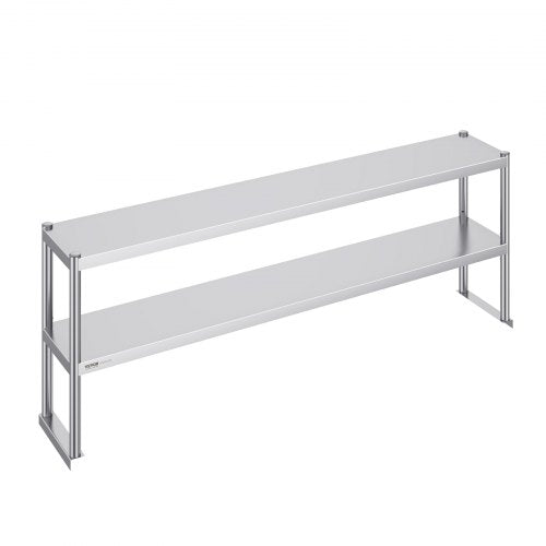 Stainless steel double tier overshelf with adjustable height and smooth, easy-to-clean surface.
