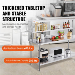 Stainless steel double tier overshelf with height-adjustable shelves for kitchen organization.