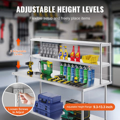Stainless steel double tier overshelf with adjustable height and sturdy construction.