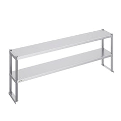 Stainless steel double tier overshelf with adjustable height for kitchen organization.
