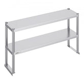 Stainless steel double tier overshelf with height-adjustable shelves for kitchen organization.