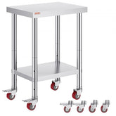 Stainless steel work table with adjustable shelf and four wheels.