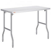 A 48x24 inch stainless steel folding prep table with adjustable shelves and sturdy legs.