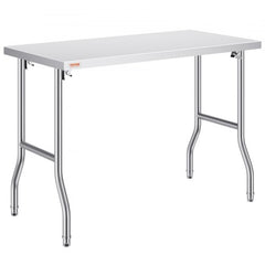 A 48x24 inch stainless steel folding prep table with adjustable shelves and sturdy legs.