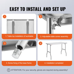 Four-step diagram showing easy installation of a stainless steel folding prep table.