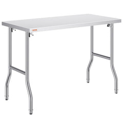 Stainless steel folding prep table with sturdy legs and 48x24 inch surface area.