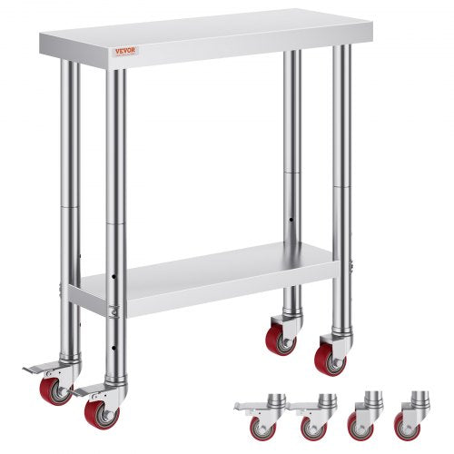 Stainless steel work table with adjustable shelf, 700 lbs capacity, and easy assembly features.