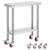 Stainless steel work table with adjustable shelf, 700 lbs capacity, and easy assembly features.