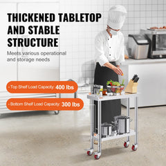 Stainless steel work table with adjustable shelf and sturdy structure for versatile use.