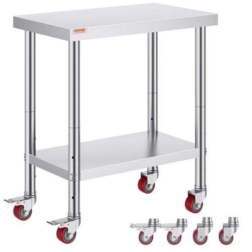 Stainless steel work table, 30x18x34 inches, with adjustable shelf and wheels.