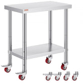 Stainless steel work table, 30x18x34 inches, with adjustable shelf and wheels.